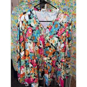 111 One Eleven North XL Floral Peplum Tie‎ Neck Blouse Long Sleeve Tassel Top